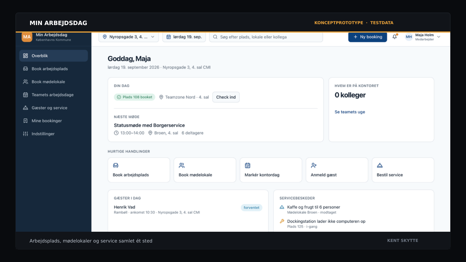 Min Arbejdsdag med booking af arbejdsplads, mødelokaler, gæster og service baseret på testdata.
